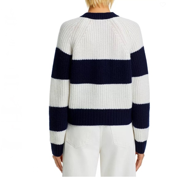 Luxurious 100% Cashmere Rugby Stripe Shaker Stitch Cardigan By Aqua in Navy / Iv - Picture 3 of 5